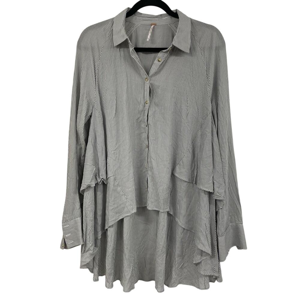Free People Grey & White Striped Ruffled Tiered Long Sleeve Blouse Womens S Top - Picture 2 of 10